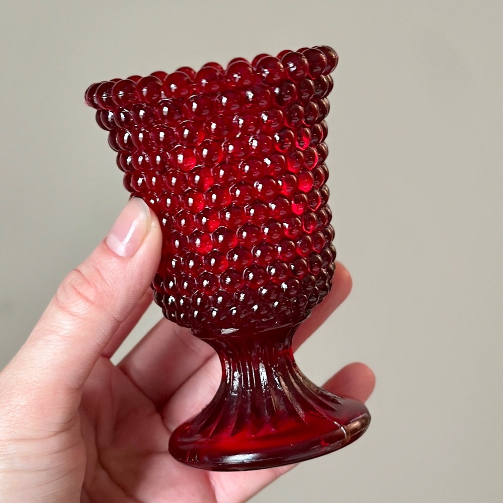 Vintage Red Hobnail Glass Pedestal Footed Candleholder 4” - Picture 2 of 4